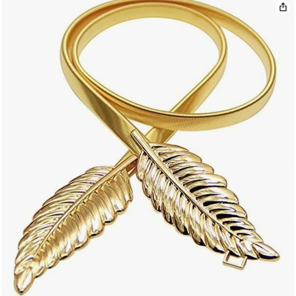 2 Pack Womens Leaf Buckle Elastic Skinny Waist Belt Gold Silver Metallic Cinch